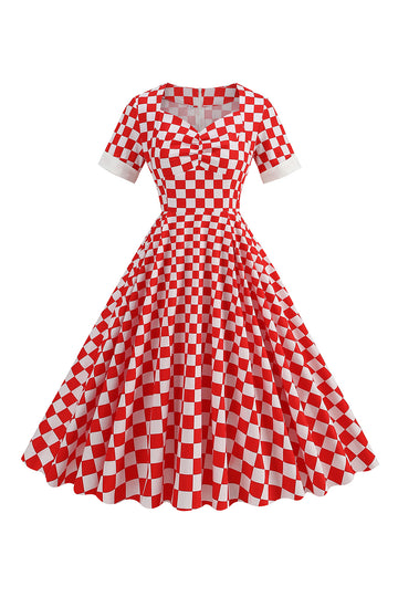 En linje rød rutete vintage kjole fra 1950-tallet med korte ermer